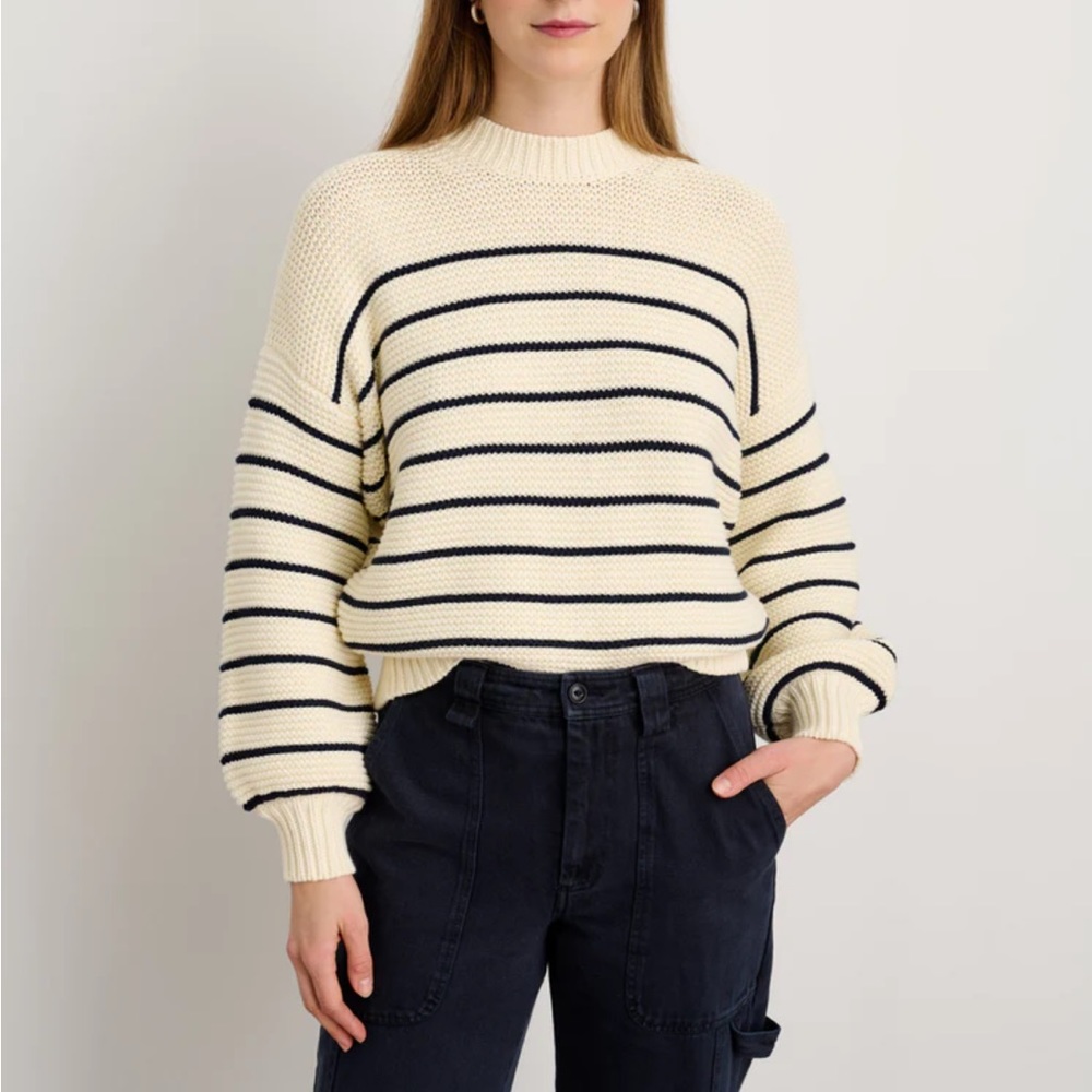 Alex Mill Button Back Crewneck Sweater/Cardigan in Ivory Dark Navy Stripe XS